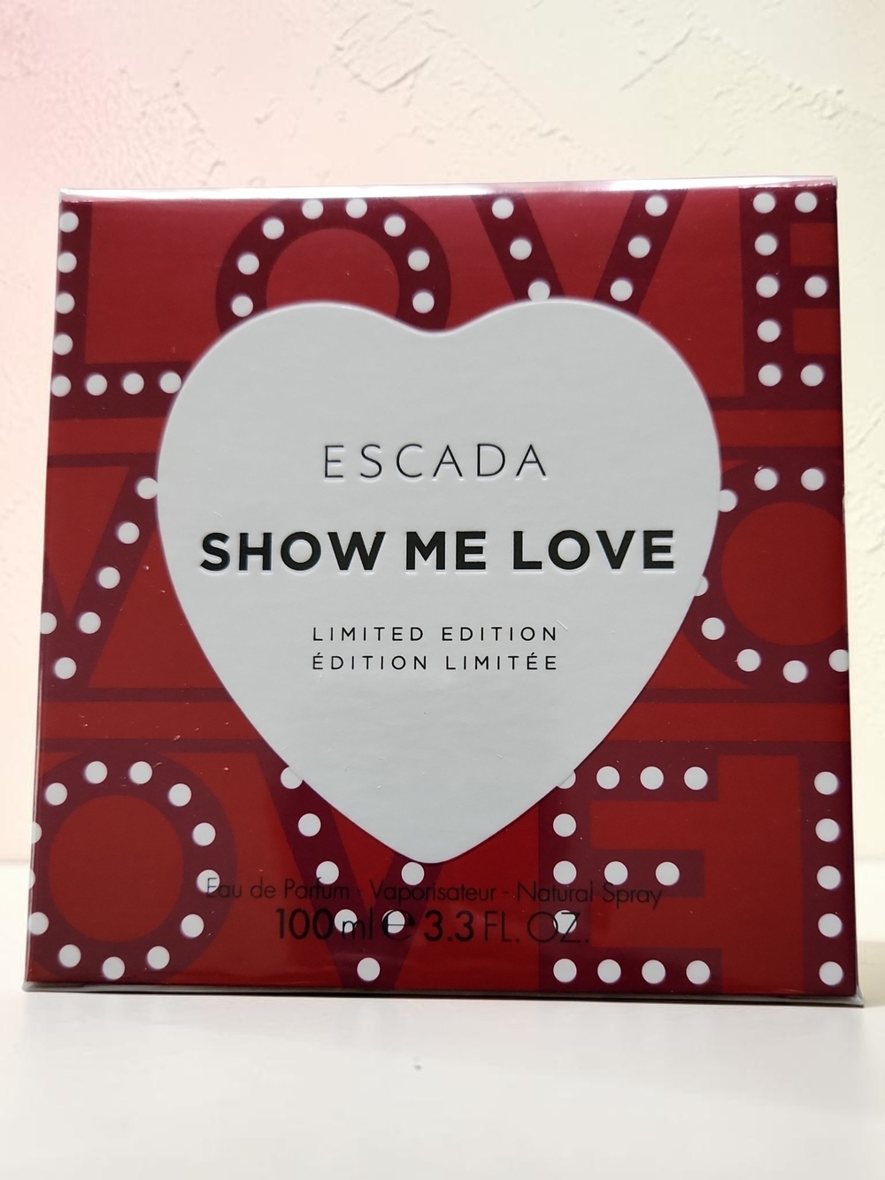 Limited Edition Escada Show Me Love Red & White Heart Box Perfume 3.3 Ounces